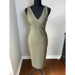 Hale Bob Dress Size M Olive Green Minimalist V-Neck Shift Sheath Sleeveless